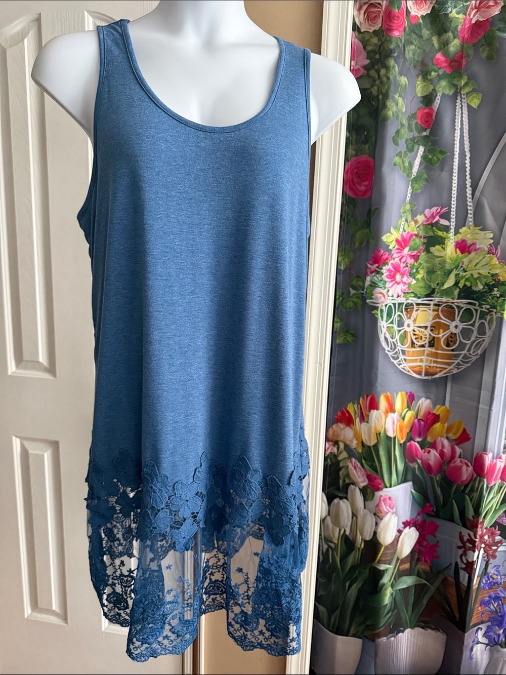 Blue Lace-Hem long Tank Top/Dress for Women